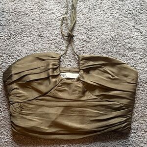 Zara Olive Halter Ruched Crop Top